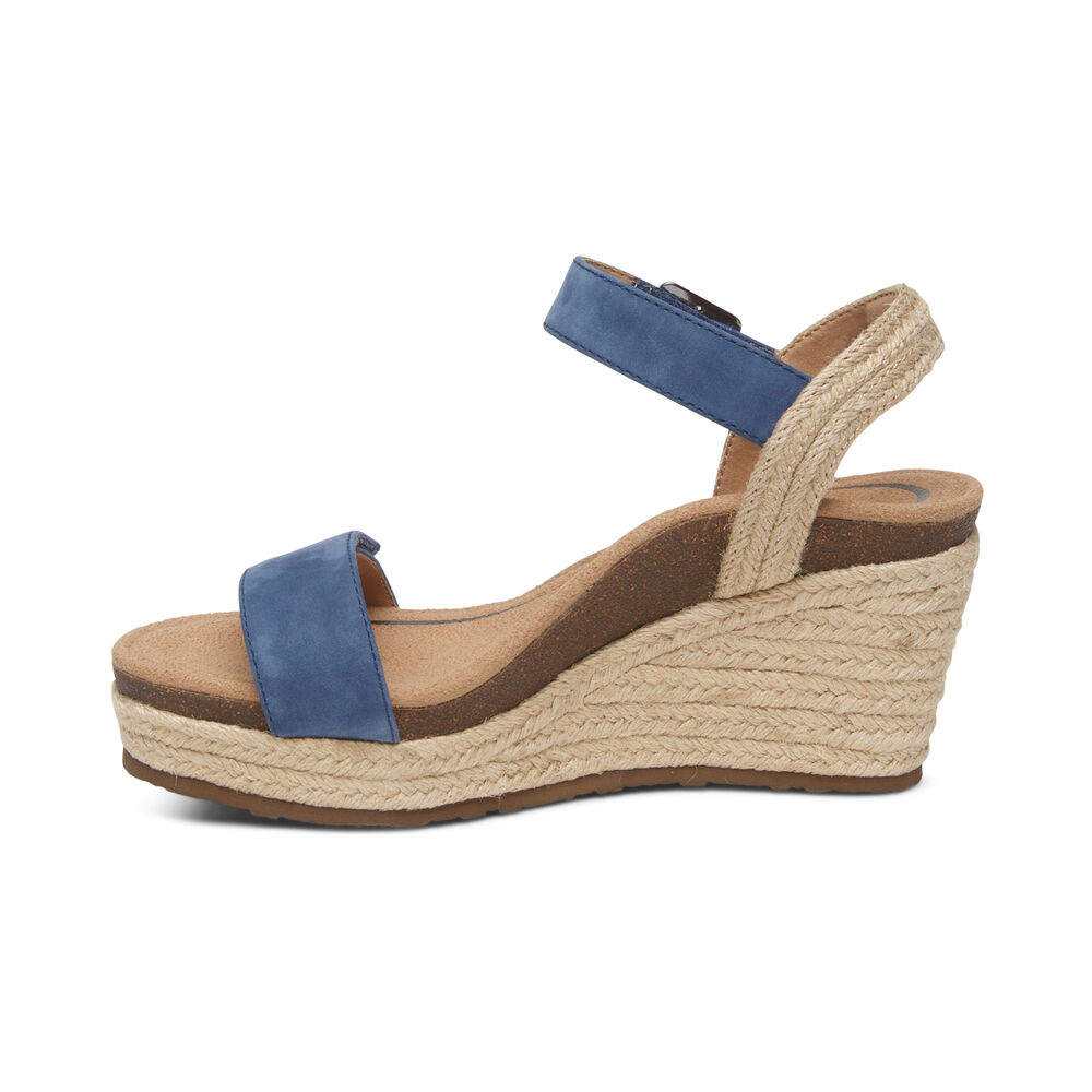 Aetrex Women's Sydney Quarter Strap Espadrille Wedge Sandals - Blue | USA 7TAMG55